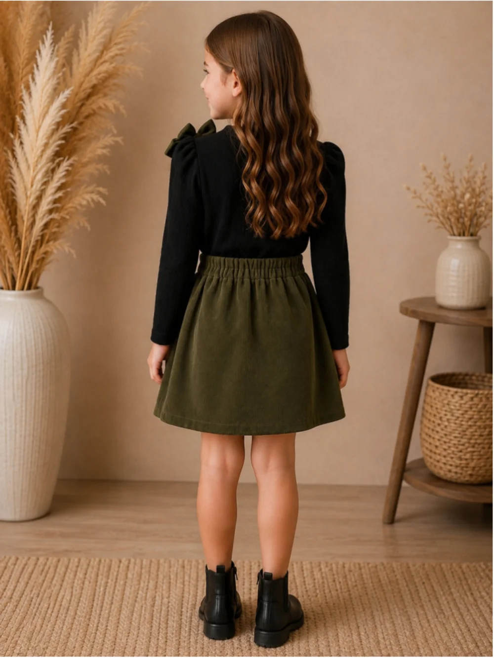 Girl’s Ribbed Knit Bow Sweater & Corduroy Skirt 2-Piece Set – Size 5